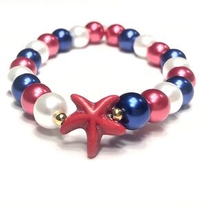 Handmade Patriotic Red White Blue Starfish Stretch Bracelet Women July 4th Beach
